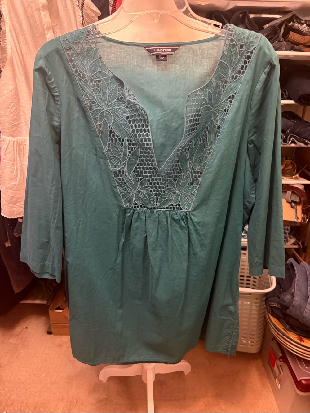 Lands' End Teal Embroidered V-Neck Tunic
